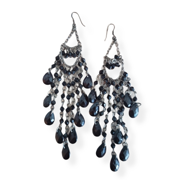 Extra long black and silver chandelier earrings - Picture 1 of 1